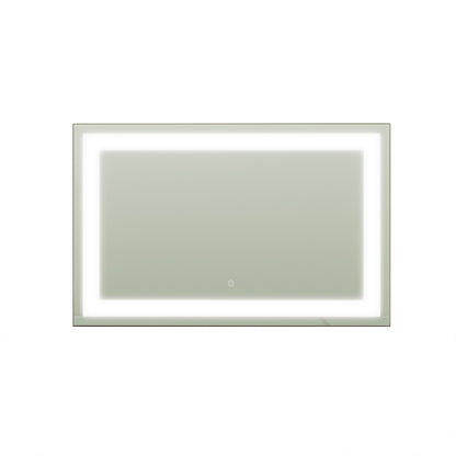 Adeline Wall Mount Touch Screen Mirror with LED Light in Black features a sleek, rectangular design with an integrated LED backlit border and a circular touch-on button, ideal for modern spaces.