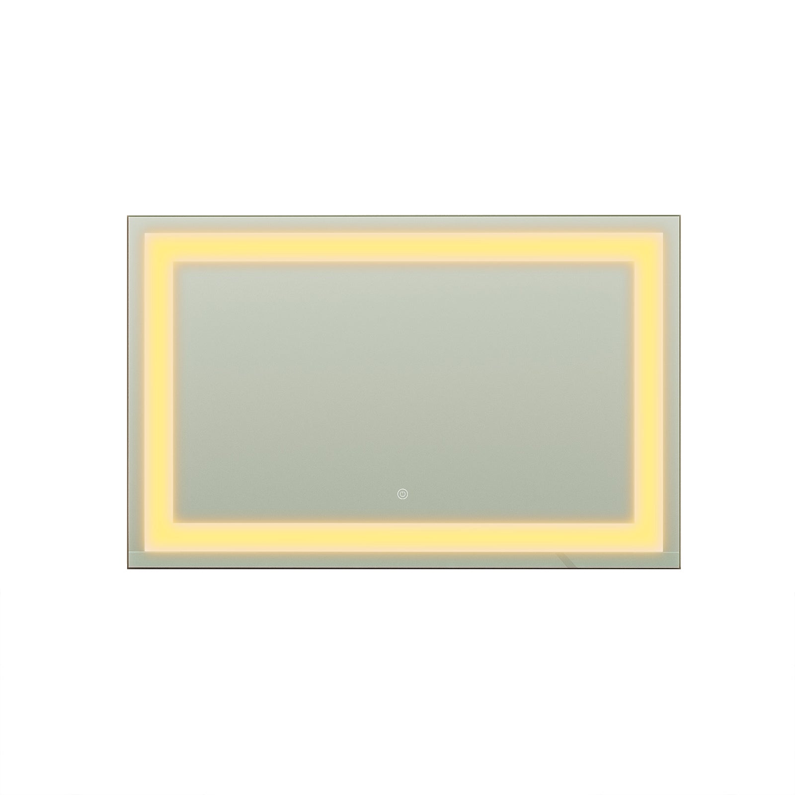 Adeline Wall Mount Touch Screen Mirror with LED Light in Black, showcasing a sleek rectangular design with an illuminated warm white LED strip along the inner perimeter, perfect for modern, elegant spaces.