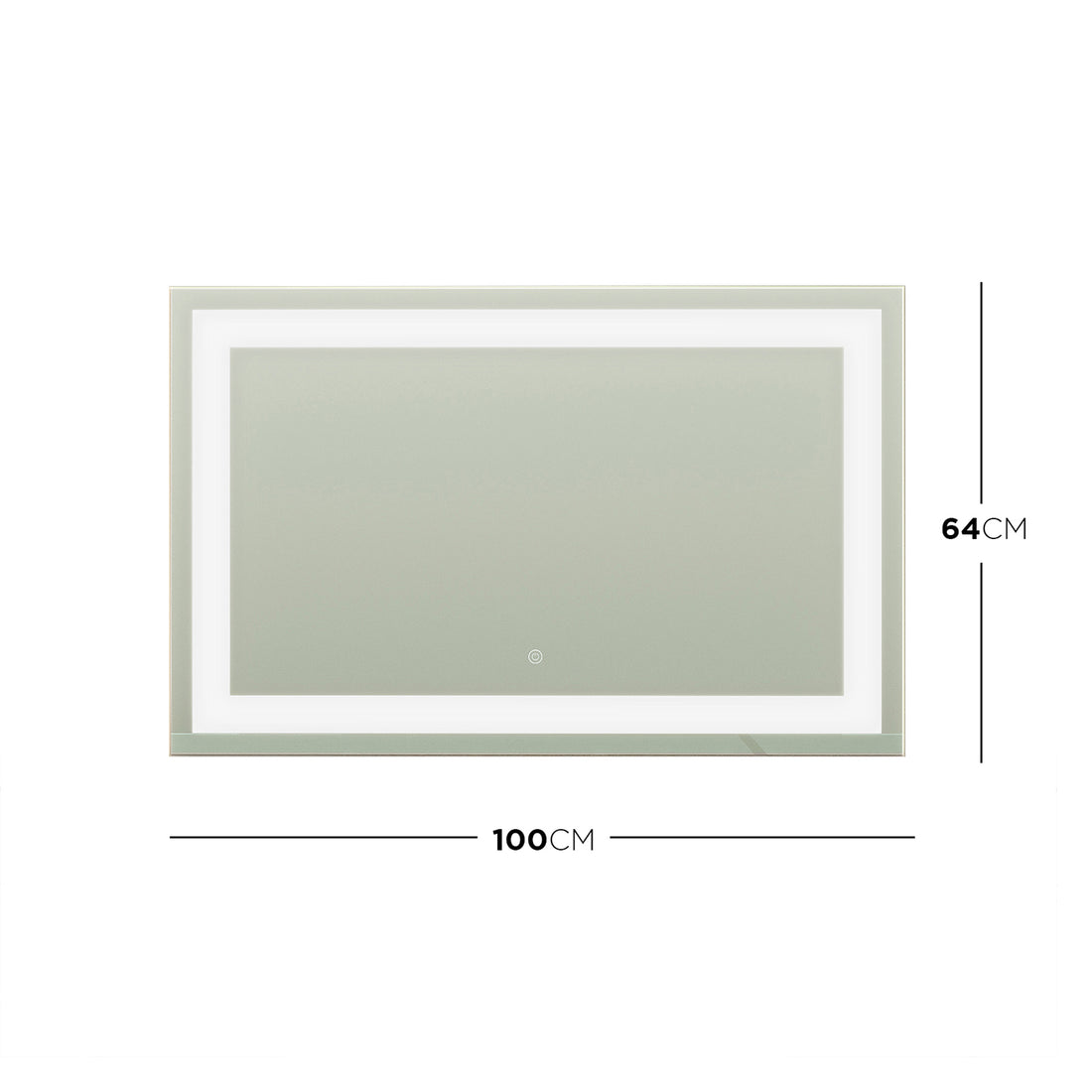 Adeline Wall Mount Touch Screen Mirror with LED Light in White, featuring a sleek rectangular design with an LED strip inside the edge and a center touch-sensor button, measuring 100 cm by 64 cm.