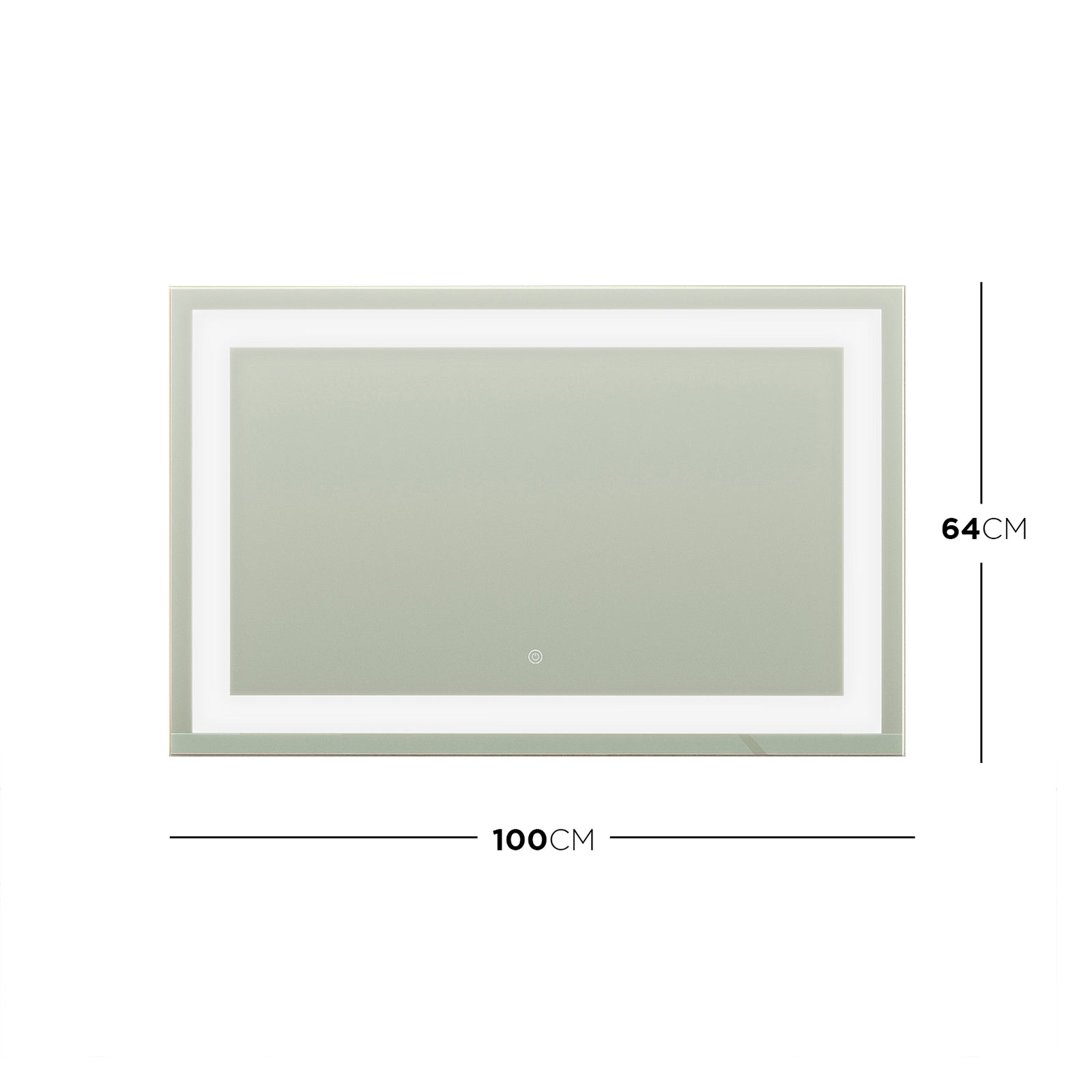 Adeline Wall Mount Touch Screen Mirror with LED Light in White, featuring a sleek rectangular design with an LED strip inside the edge and a center touch-sensor button, measuring 100 cm by 64 cm.