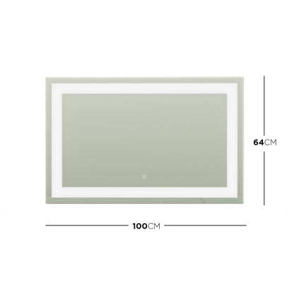 Adeline Wall Mount Touch Screen Mirror with LED Light in White, featuring a sleek rectangular design with an LED strip inside the edge and a center touch-sensor button, measuring 100 cm by 64 cm.