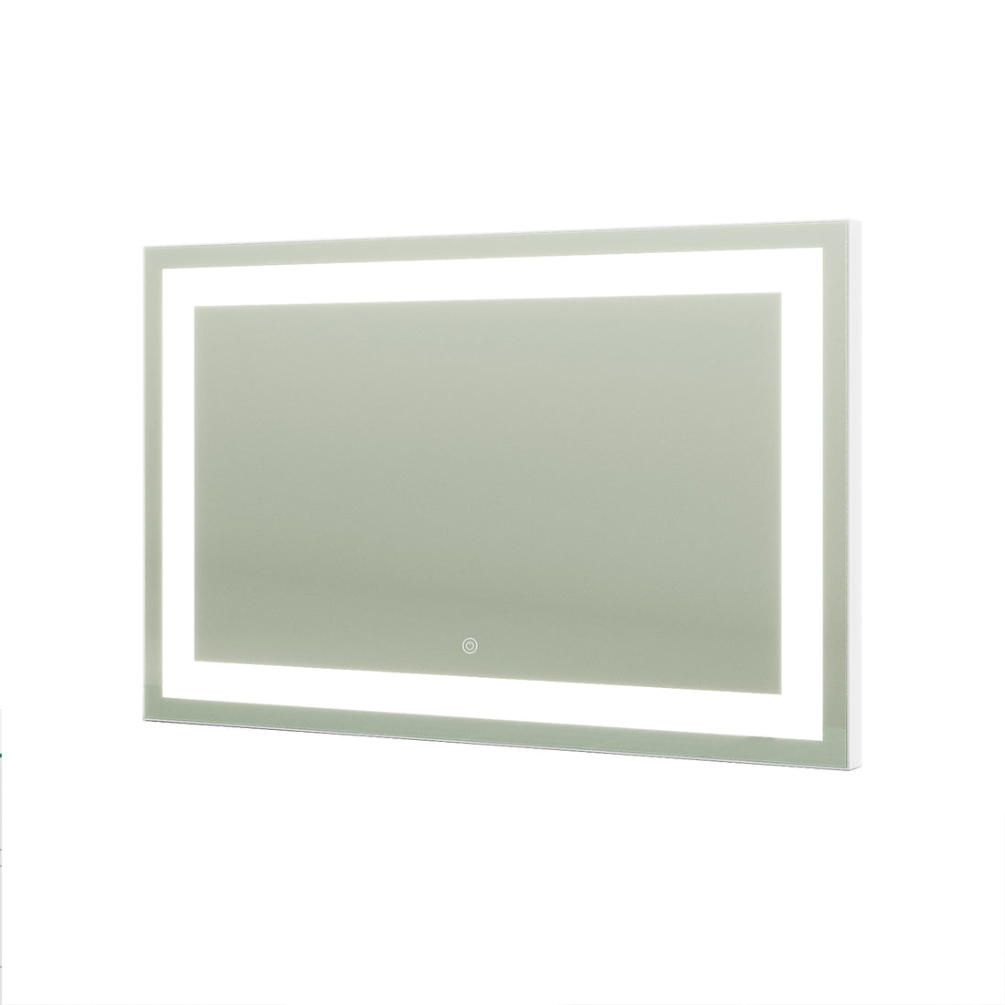 Adeline Wall Mount Touch Screen Mirror with LED Light in White; features a rectangular shape with LED perimeter and touch-sensitive power icon for easy light control, ideal for bathrooms or dressing rooms.
