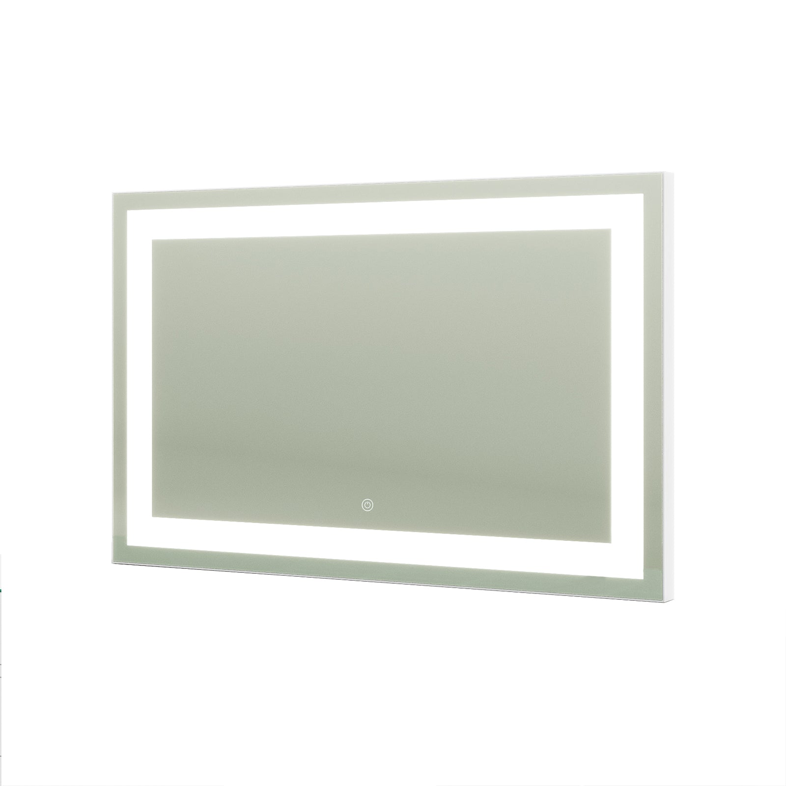 Adeline Wall Mount Touch Screen Mirror with LED Light in White; features a rectangular shape with LED perimeter and touch-sensitive power icon for easy light control, ideal for bathrooms or dressing rooms.