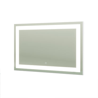Adeline Wall Mount Touch Screen Mirror with LED Light in White; features a rectangular shape with LED perimeter and touch-sensitive power icon for easy light control, ideal for bathrooms or dressing rooms.