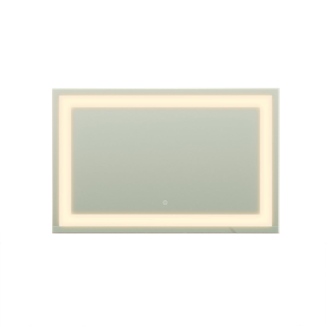 Adeline Wall Mount Touch Screen Mirror with LED Light in White, featuring a rectangular shape, integrated LED light strip, and a touch-sensitive power icon at the bottom center for modern, illuminated grooming.