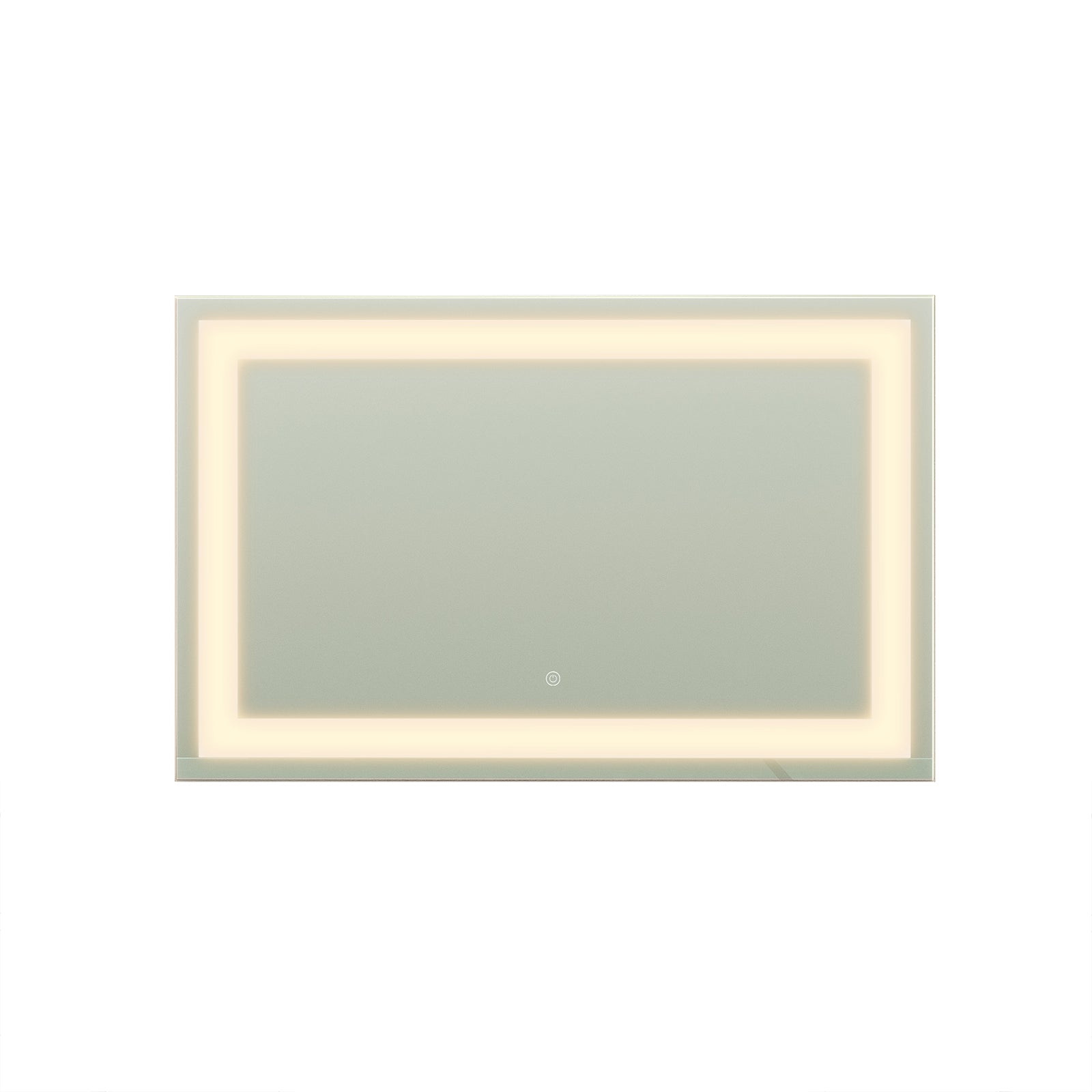 Adeline Wall Mount Touch Screen Mirror with LED Light in White, featuring a rectangular shape, integrated LED light strip, and a touch-sensitive power icon at the bottom center for modern, illuminated grooming.