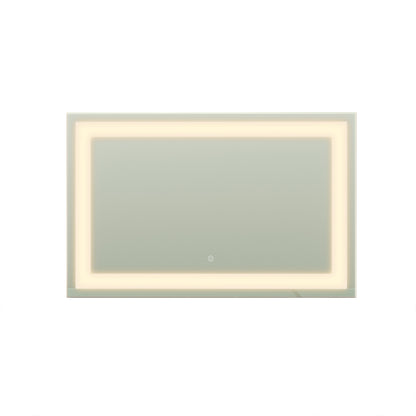 Adeline Wall Mount Touch Screen Mirror with LED Light in White, featuring a rectangular shape, integrated LED light strip, and a touch-sensitive power icon at the bottom center for modern, illuminated grooming.