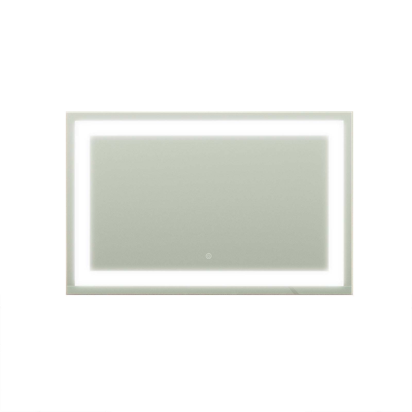 The Adeline Wall Mount Touch Screen Mirror with LED Light in White features a sleek, rectangular design with a bright LED halo and touch-sensor for easy lighting adjustments, ideal for modern grooming spaces.