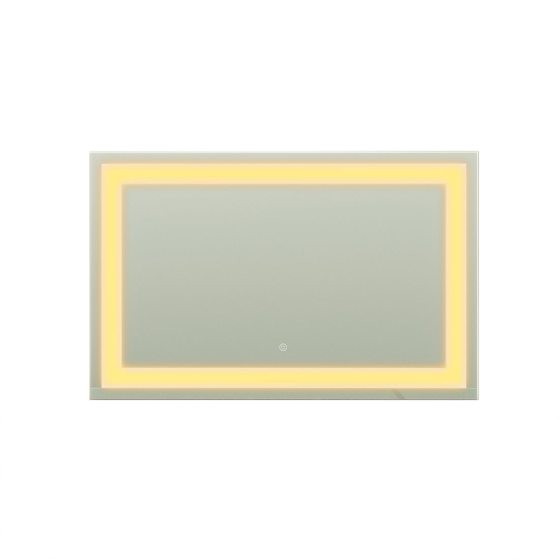 Adeline Wall Mount Touch Screen Mirror with LED Light in White features a sleek rectangular design, integrated warm-white LED backlight, and a touch-sensor icon at the bottom for easy on/off control.