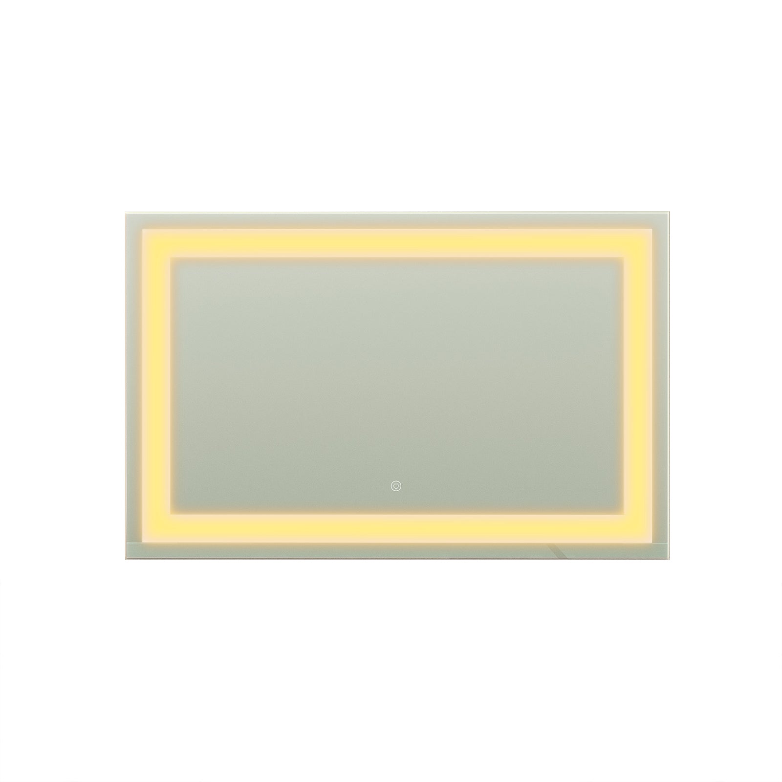 Adeline Wall Mount Touch Screen Mirror with LED Light in White features a sleek rectangular design, integrated warm-white LED backlight, and a touch-sensor icon at the bottom for easy on/off control.