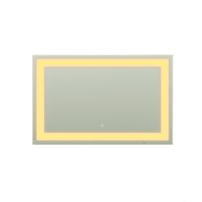 Adeline Wall Mount Touch Screen Mirror with LED Light in White features a sleek rectangular design, integrated warm-white LED backlight, and a touch-sensor icon at the bottom for easy on/off control.