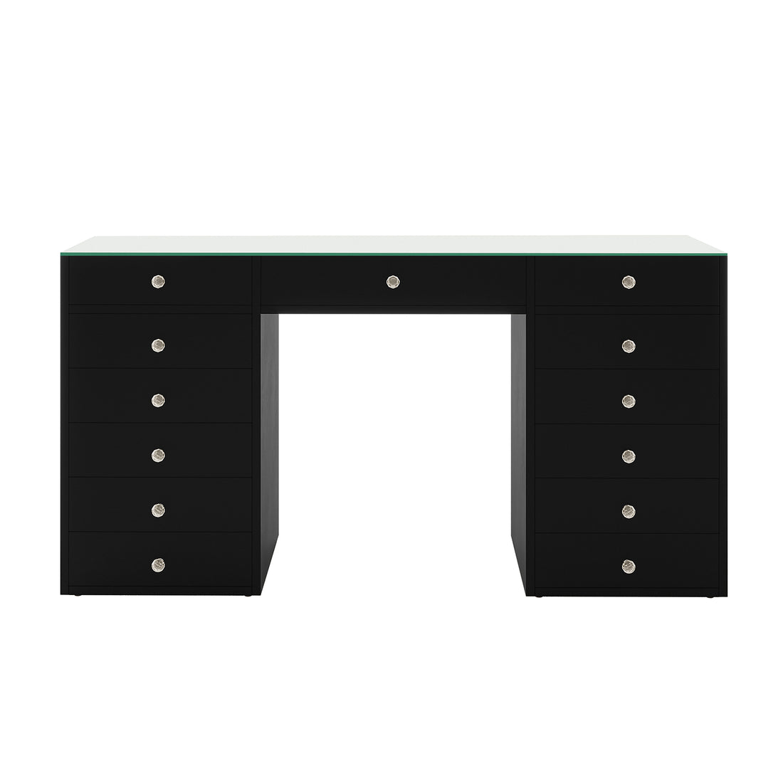 Adeline Glass Top Storage Makeup Dressing Table Desk in Black, featuring a sleek pedestal style with 13 drawers, crystal knobs, and a greenish tempered glass top, perfect for organizing beauty essentials.