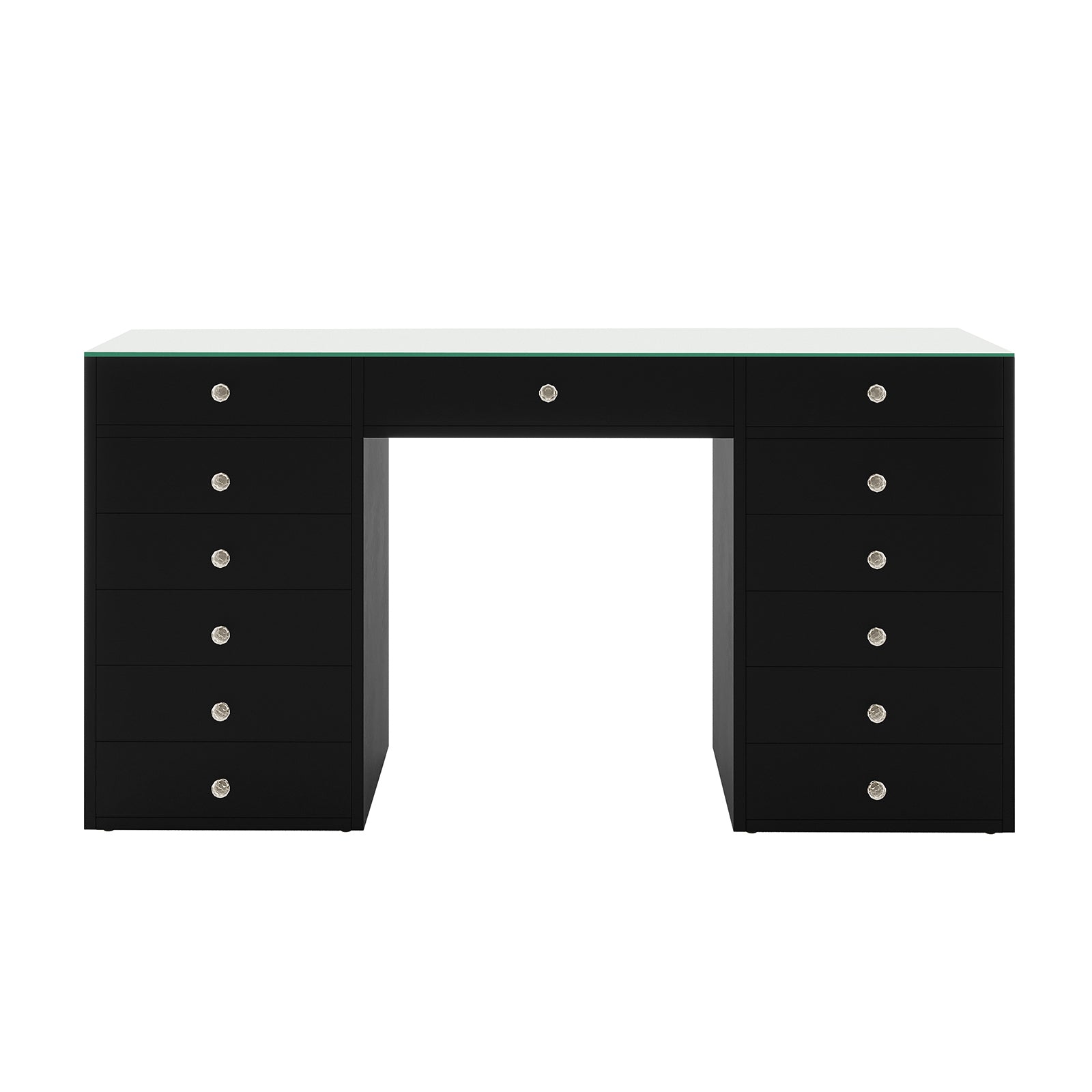 Adeline Glass Top Storage Makeup Dressing Table Desk in Black, featuring a sleek pedestal style with 13 drawers, crystal knobs, and a greenish tempered glass top, perfect for organizing beauty essentials.