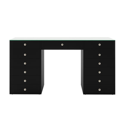Adeline Glass Top Storage Makeup Dressing Table Desk in Black, featuring a sleek pedestal style with 13 drawers, crystal knobs, and a greenish tempered glass top, perfect for organizing beauty essentials.