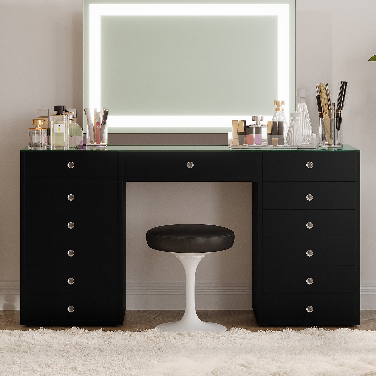 Adeline Glass Top Storage Makeup Dressing Table Desk in Black features a sleek design with a glass top, 13 drawers, and a round stool, perfect for organizing beauty essentials.