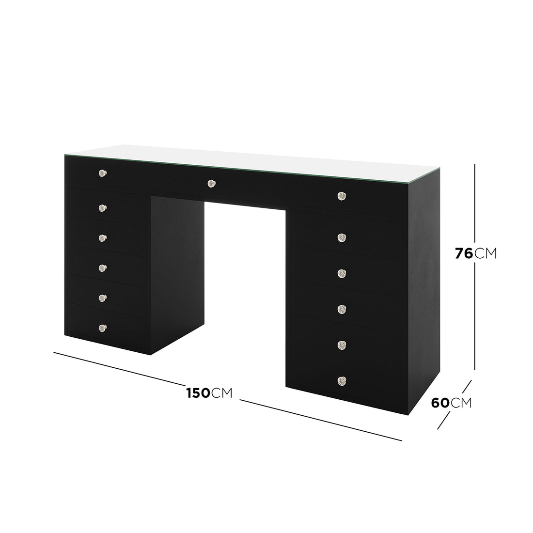 Adeline Glass Top Storage Makeup Dressing Table Desk in Black features a mirrored top, double pedestals with 13 drawers, and faceted crystal knobs, offering chic, organized storage for beauty essentials.