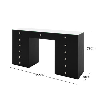 Adeline Glass Top Storage Makeup Dressing Table Desk in Black features a mirrored top, double pedestals with 13 drawers, and faceted crystal knobs, offering chic, organized storage for beauty essentials.
