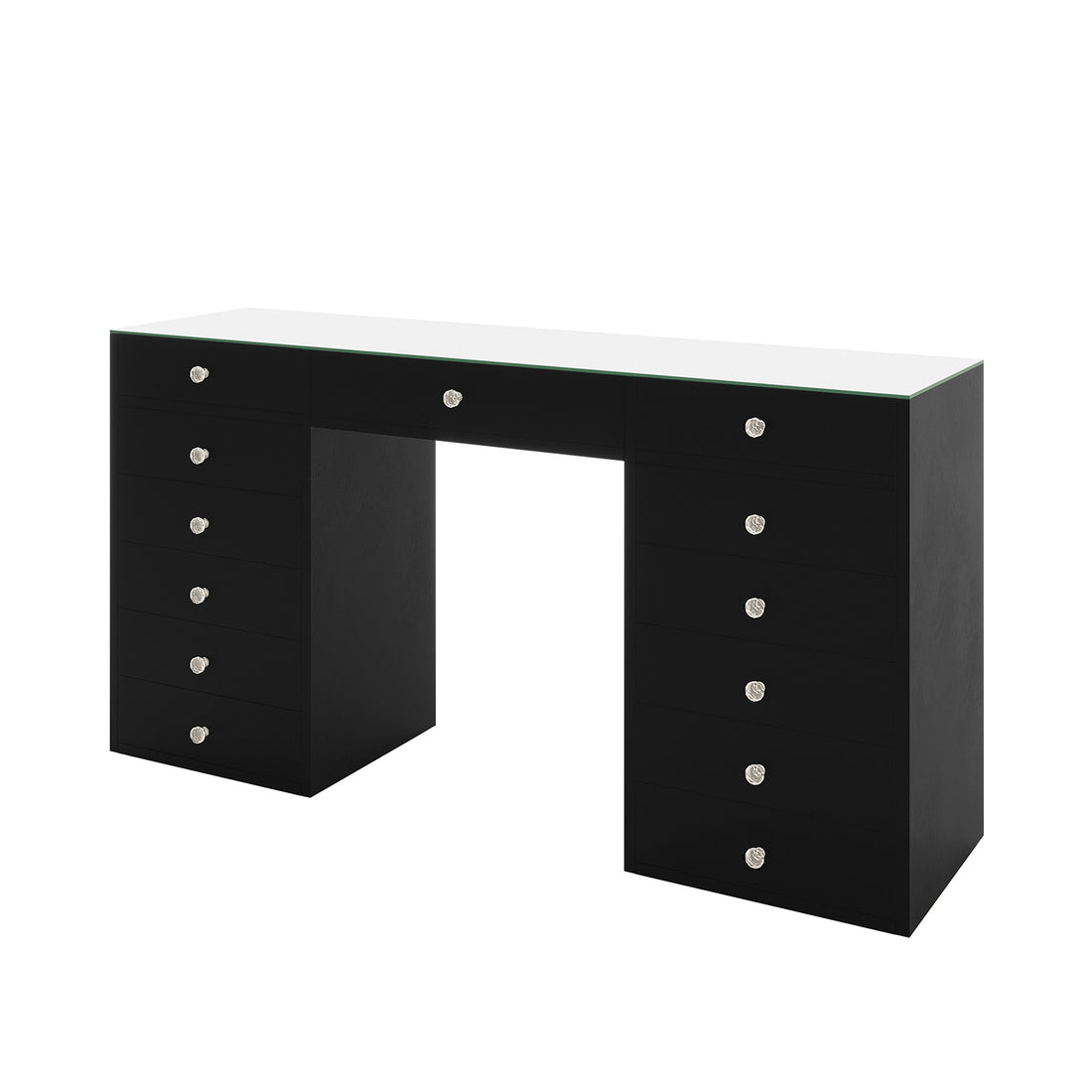 Adeline Glass Top Storage Makeup Dressing Table Desk in Black features a sleek glass surface, supported by pedestal bases with 13 crystal-knobbed drawers, offering stylish storage for beauty essentials.