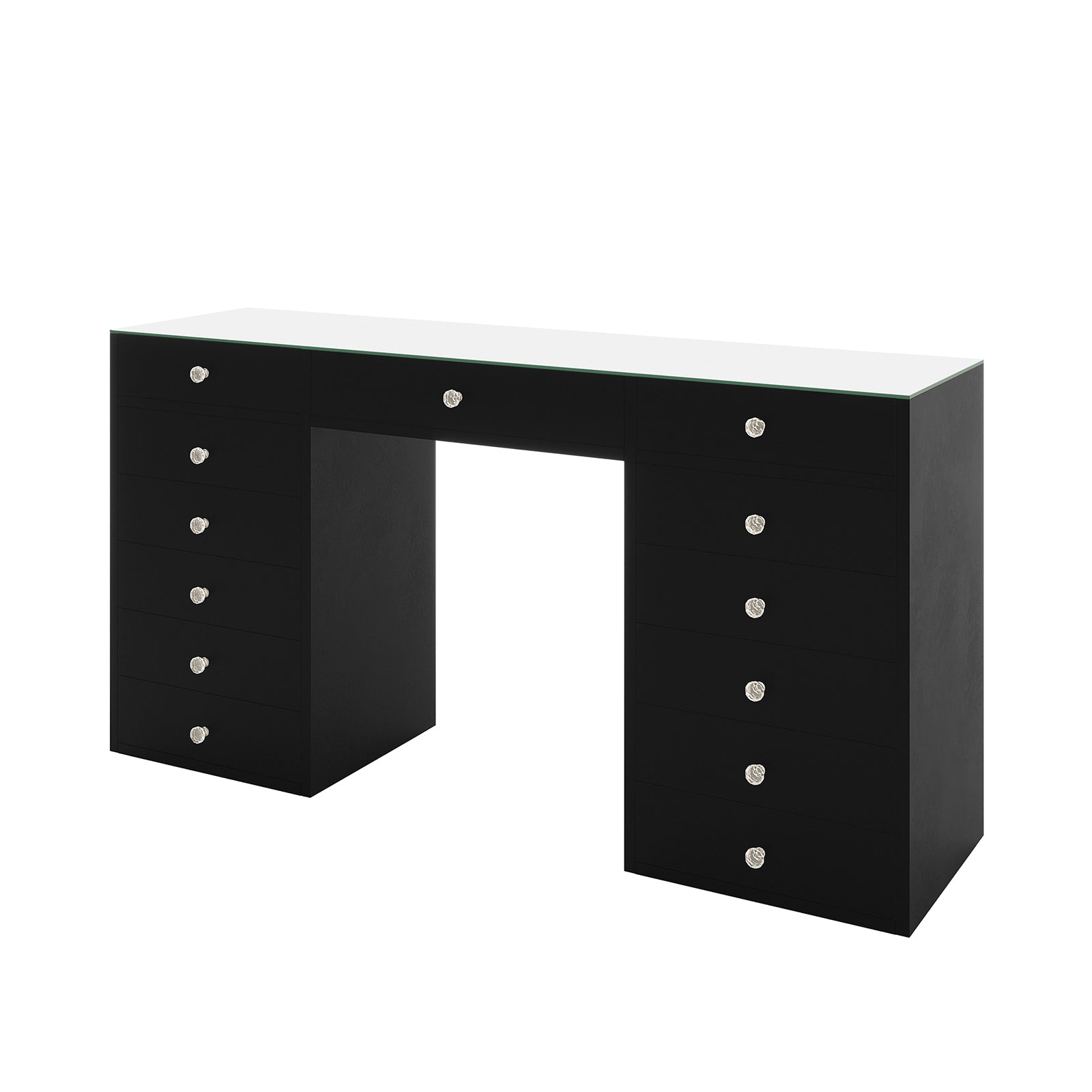 Adeline Glass Top Storage Makeup Dressing Table Desk in Black features a sleek glass surface, supported by pedestal bases with 13 crystal-knobbed drawers, offering stylish storage for beauty essentials.