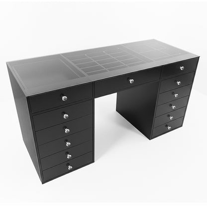 Adeline Glass Top Storage Makeup Dressing Table Desk in Black featuring 13 drawers, clear glass top with compartments, and a sleek, modern design ideal for organizing beauty essentials.