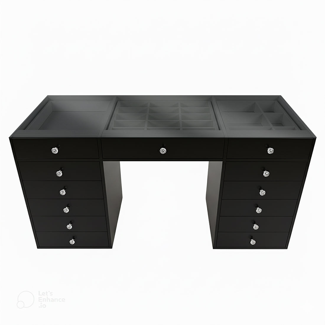 Adeline Glass Top Storage Makeup Dressing Table Desk in Black features a sleek design with 13 drawers, a glass display top, and organized compartments for jewelry and beauty essentials.