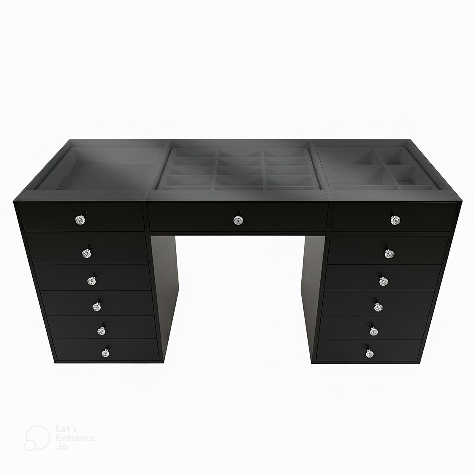 Adeline Glass Top Storage Makeup Dressing Table Desk in Black features a sleek design with 13 drawers, a glass display top, and organized compartments for jewelry and beauty essentials.