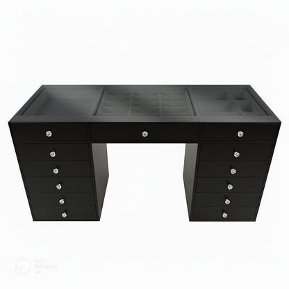 Adeline Glass Top Storage Makeup Dressing Table Desk in Black features a sleek design with 13 drawers, a glass display top, and organized compartments for jewelry and beauty essentials.