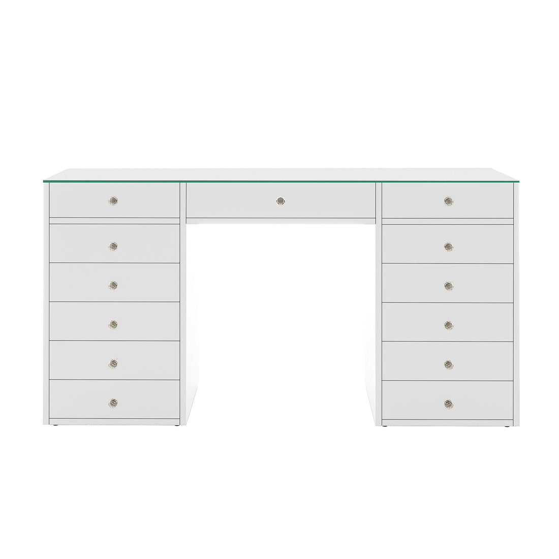 Adeline Glass Top Storage Makeup Dressing Table Desk in White, featuring a sleek glass surface, 13 drawers with round knobs, and a central drawer, designed for stylish organization of beauty essentials.