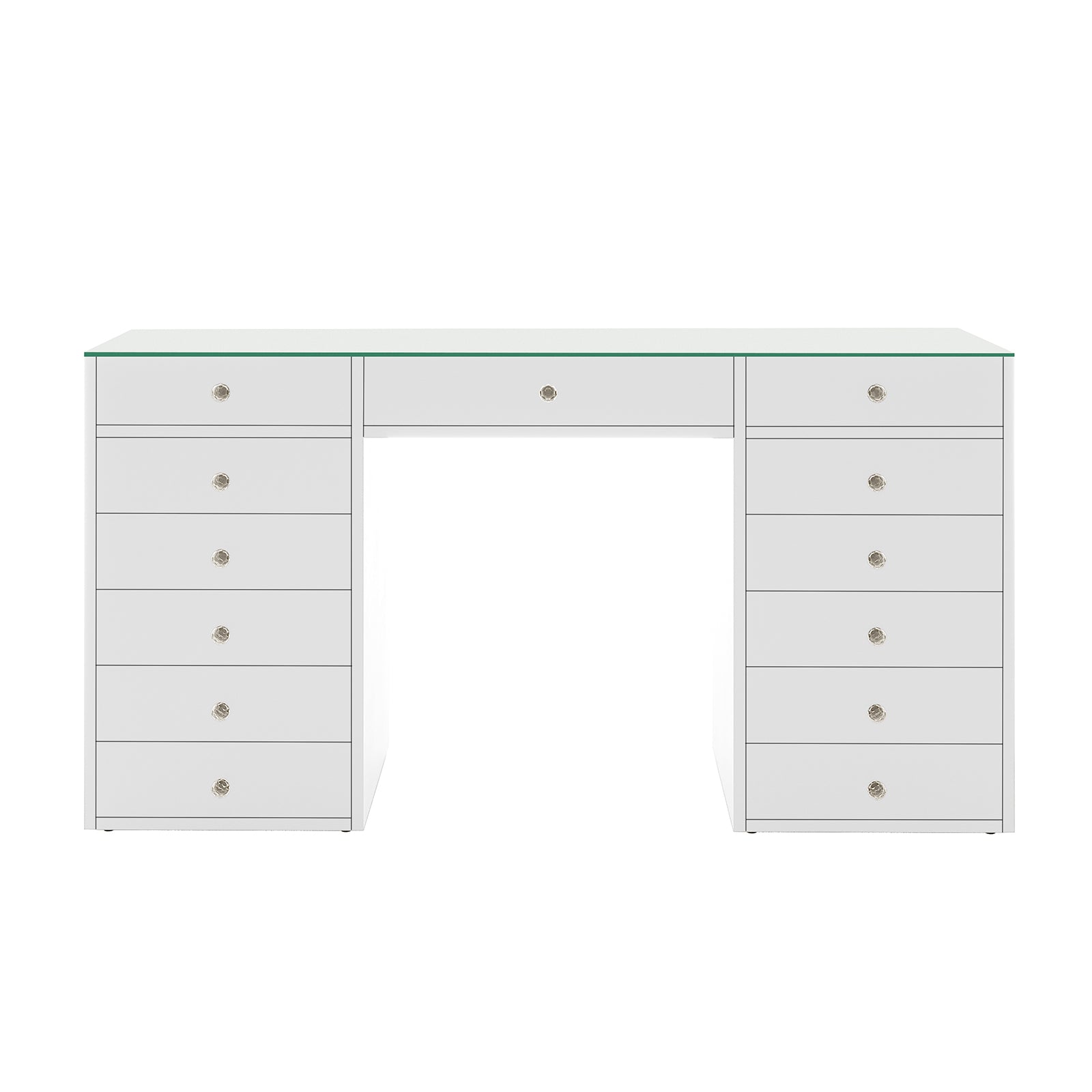Adeline Glass Top Storage Makeup Dressing Table Desk in White, featuring a sleek glass surface, 13 drawers with round knobs, and a central drawer, designed for stylish organization of beauty essentials.