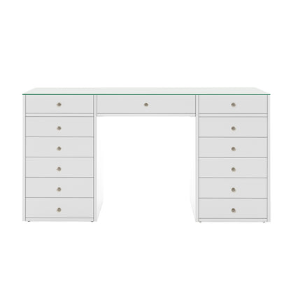 Adeline Glass Top Storage Makeup Dressing Table Desk in White, featuring a sleek glass surface, 13 drawers with round knobs, and a central drawer, designed for stylish organization of beauty essentials.