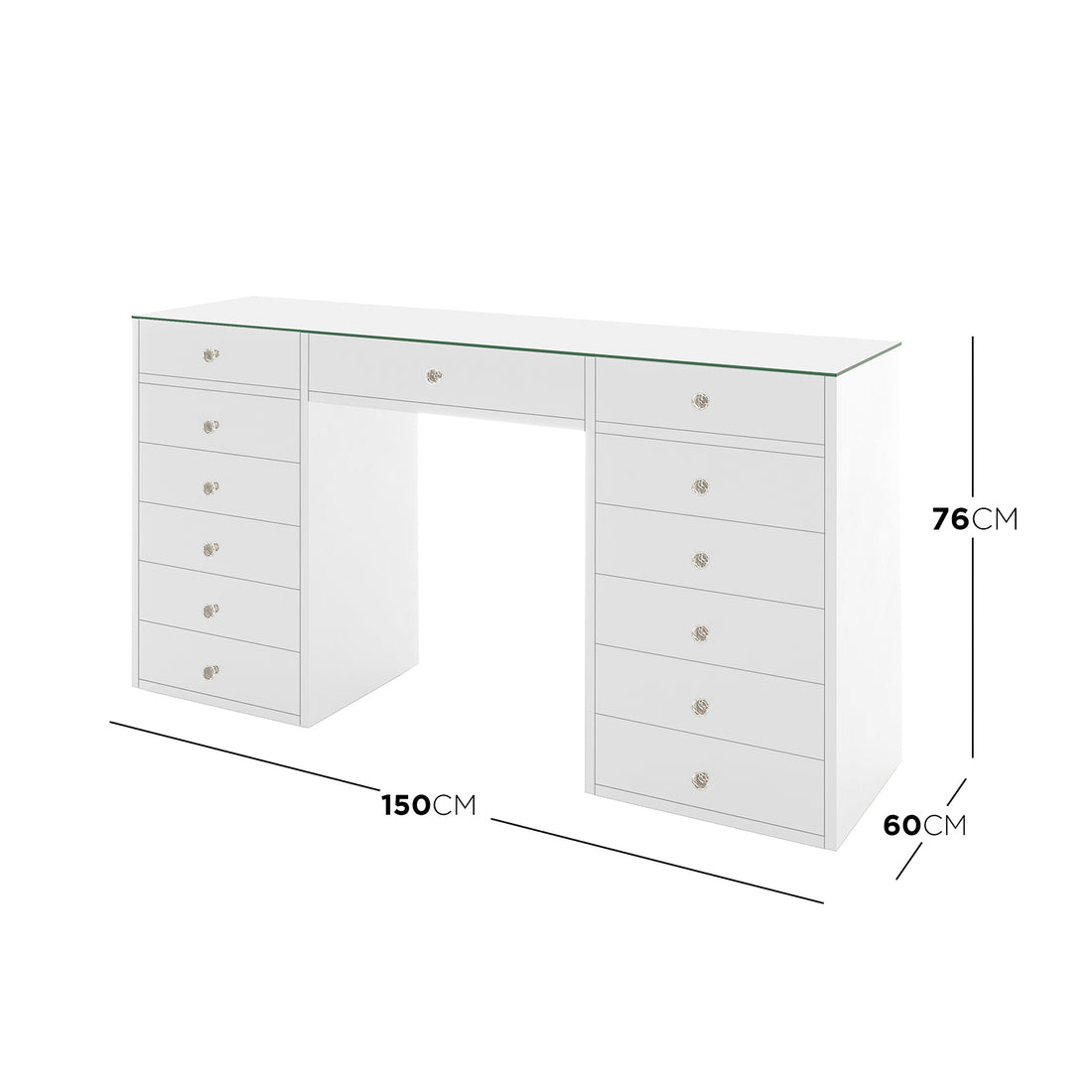 Adeline Glass Top Storage Makeup Dressing Table Desk in White, featuring a glass top, 13 drawers with crystal knobs, and a central shallow drawer, offering stylish and organized storage for cosmetics and accessories.