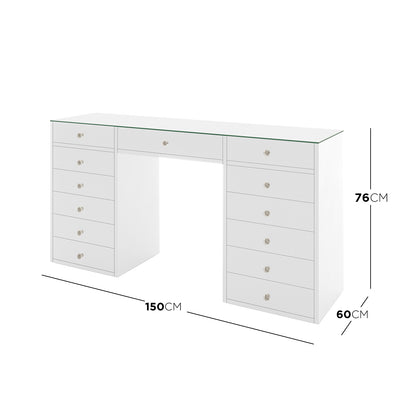 Adeline Glass Top Storage Makeup Dressing Table Desk in White, featuring a glass top, 13 drawers with crystal knobs, and a central shallow drawer, offering stylish and organized storage for cosmetics and accessories.