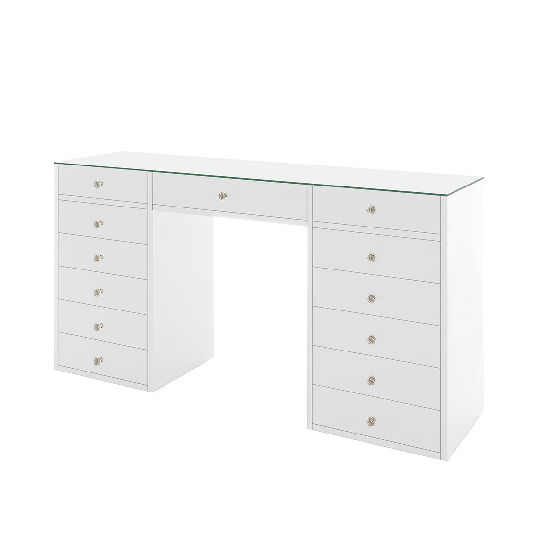 Adeline Glass Top Storage Makeup Dressing Table Desk in White featuring a sleek glass top, two pedestal bases with multiple drawers, and a central drawer, offering ample storage and style.