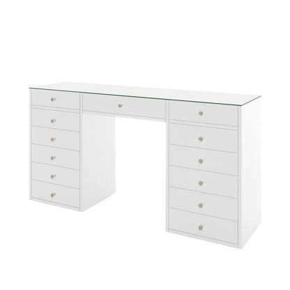 Adeline Glass Top Storage Makeup Dressing Table Desk in White featuring a sleek glass top, two pedestal bases with multiple drawers, and a central drawer, offering ample storage and style.