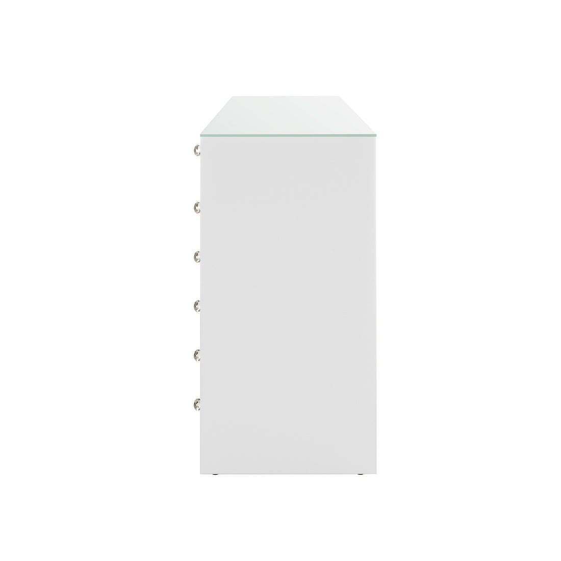 Side-view of the Adeline Glass Top Storage Makeup Dressing Table Desk in White, featuring a sleek glass surface, six visible drawers with crystal-style pulls, ideal for stylish and organized beauty storage.