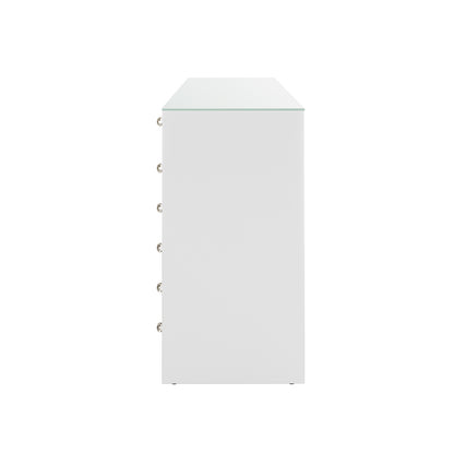 Side-view of the Adeline Glass Top Storage Makeup Dressing Table Desk in White, featuring a sleek glass surface, six visible drawers with crystal-style pulls, ideal for stylish and organized beauty storage.