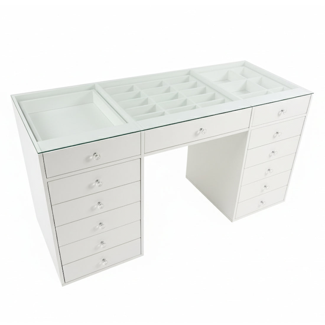 Adeline Glass Top Storage Makeup Dressing Table Desk in White, featuring a sleek glass top with built-in trays for jewelry and makeup, flanked by 13 drawers for organized storage and a stylish Hollywood-inspired design.