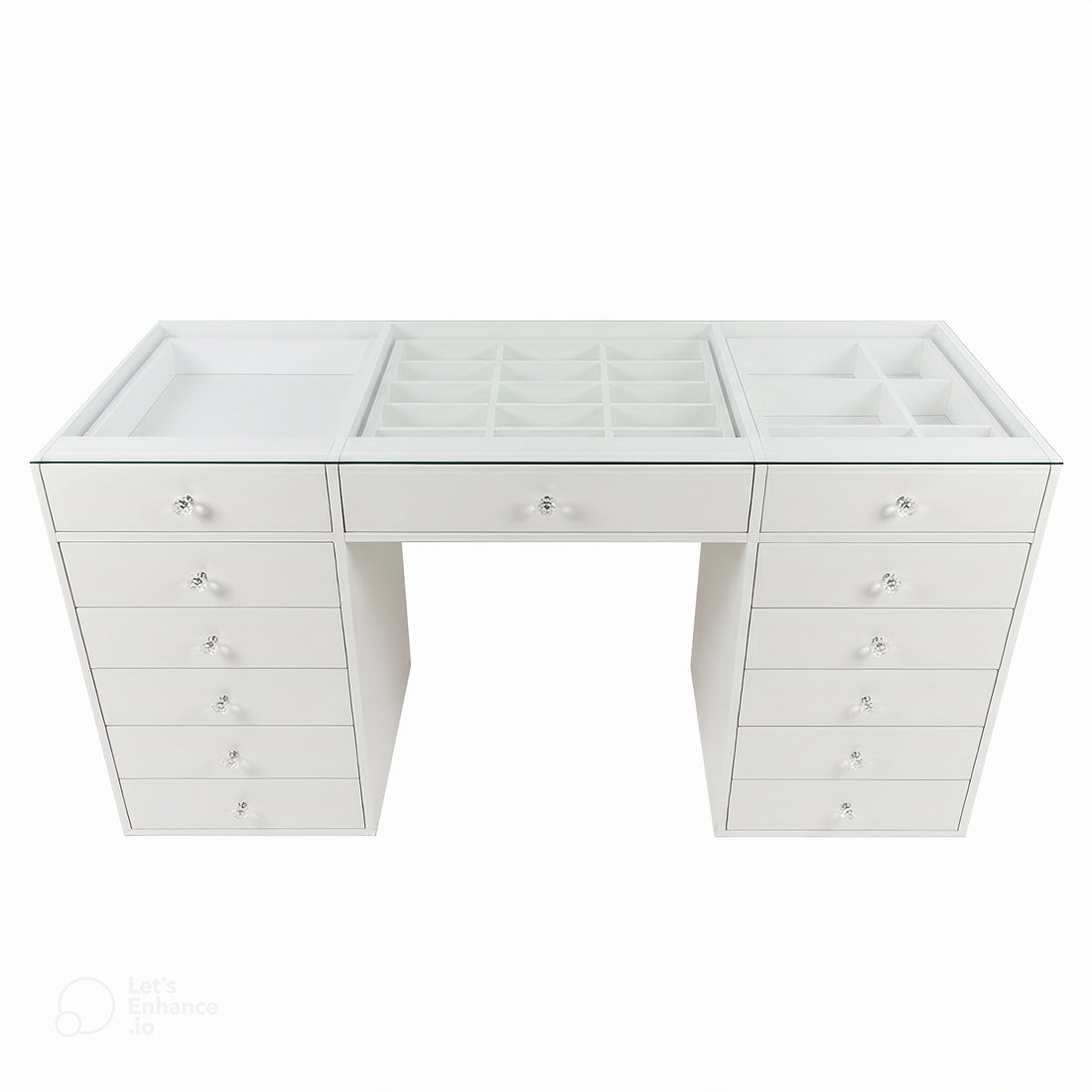 Adeline Glass Top Storage Makeup Dressing Table Desk in White featuring a clear glass top, multi-slot organizer, open tray, sectioned compartments, and 13 drawers with crystal knobs for smart accessory organization.