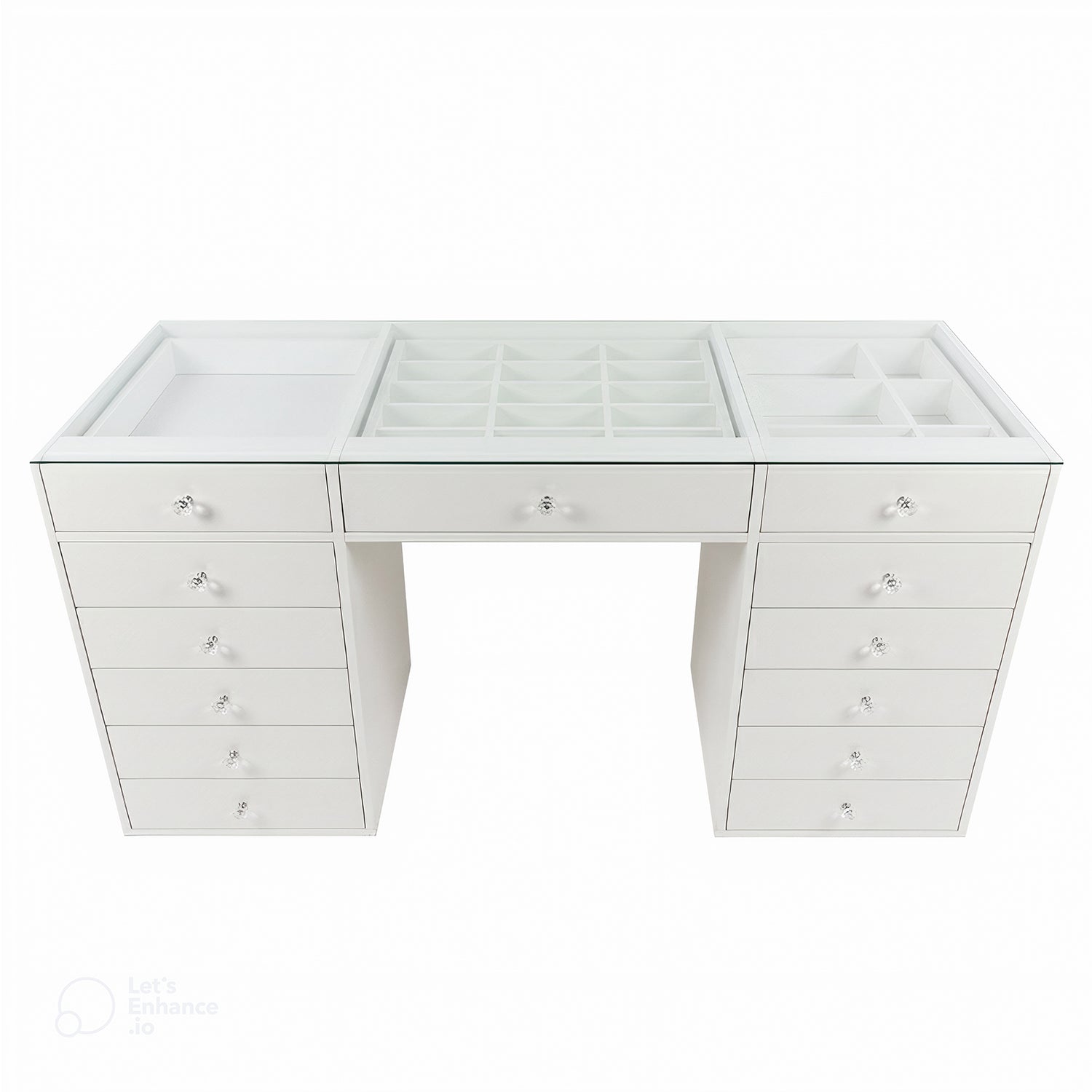 Adeline Glass Top Storage Makeup Dressing Table Desk in White featuring a clear glass top, multi-slot organizer, open tray, sectioned compartments, and 13 drawers with crystal knobs for smart accessory organization.