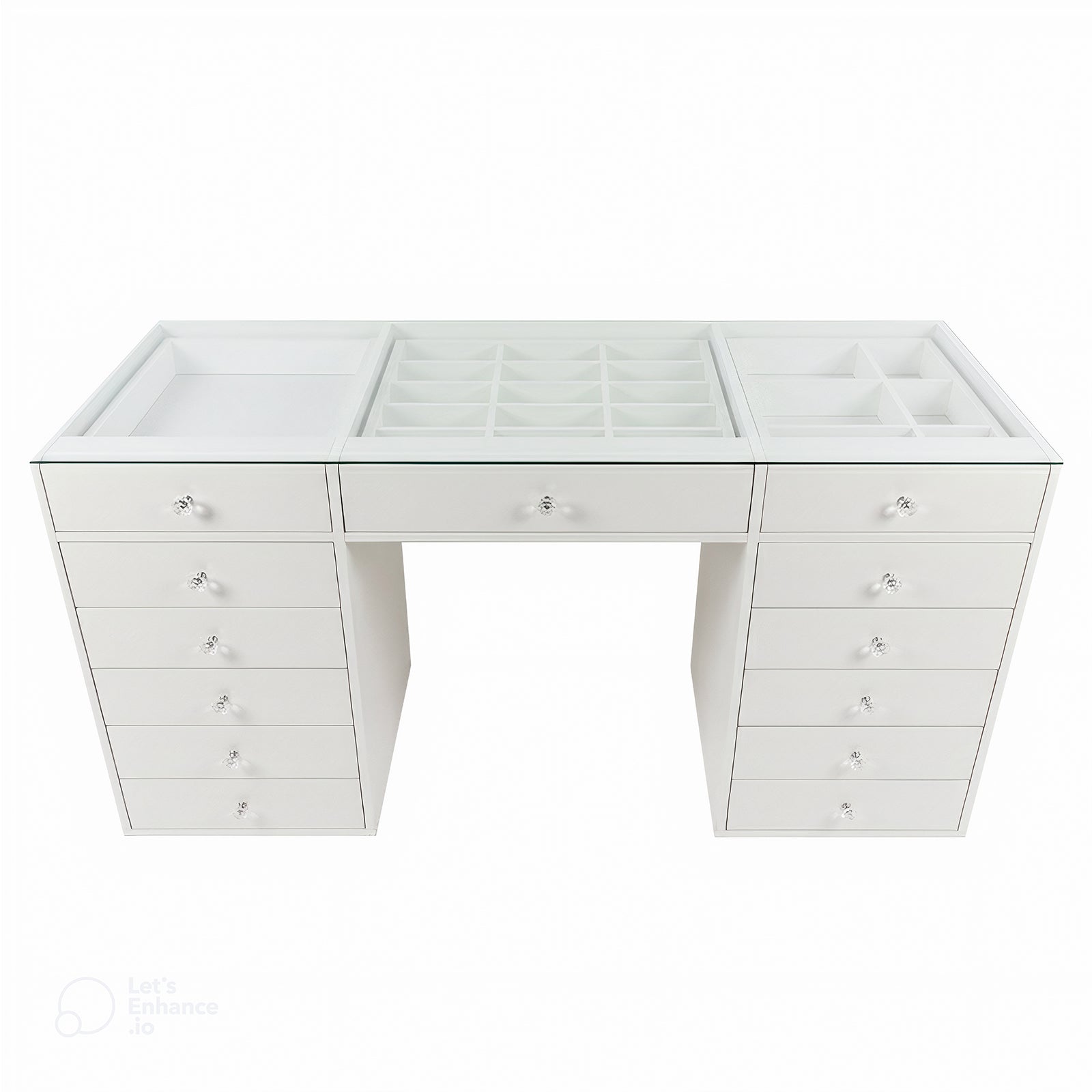 Adeline Glass Top Storage Makeup Dressing Table Desk in White featuring a clear glass top, multi-slot organizer, open tray, sectioned compartments, and 13 drawers with crystal knobs for smart accessory organization.