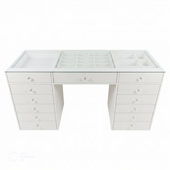 Adeline Glass Top Storage Makeup Dressing Table Desk in White featuring a clear glass top, multi-slot organizer, open tray, sectioned compartments, and 13 drawers with crystal knobs for smart accessory organization.