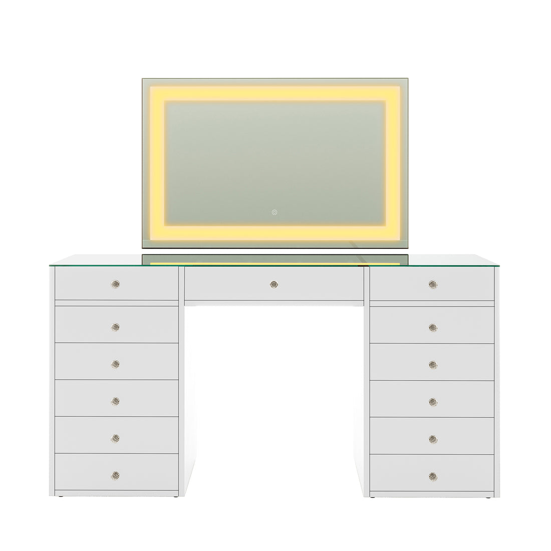 Adeline Makeup Vanity Table with LED Mirror in White features a glass top, two pedestal bases with six drawers each, a central drawer, and a large LED-backlit mirror.