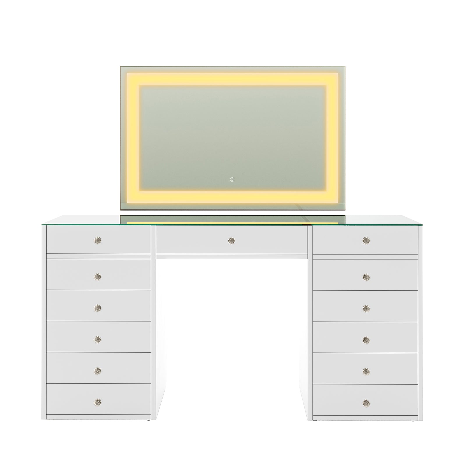 Adeline Makeup Vanity Table with LED Mirror in White features a glass top, two pedestal bases with six drawers each, a central drawer, and a large LED-backlit mirror.