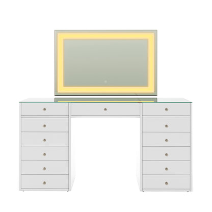 Adeline Makeup Vanity Table with LED Mirror in White features a glass top, two pedestal bases with six drawers each, a central drawer, and a large LED-backlit mirror.