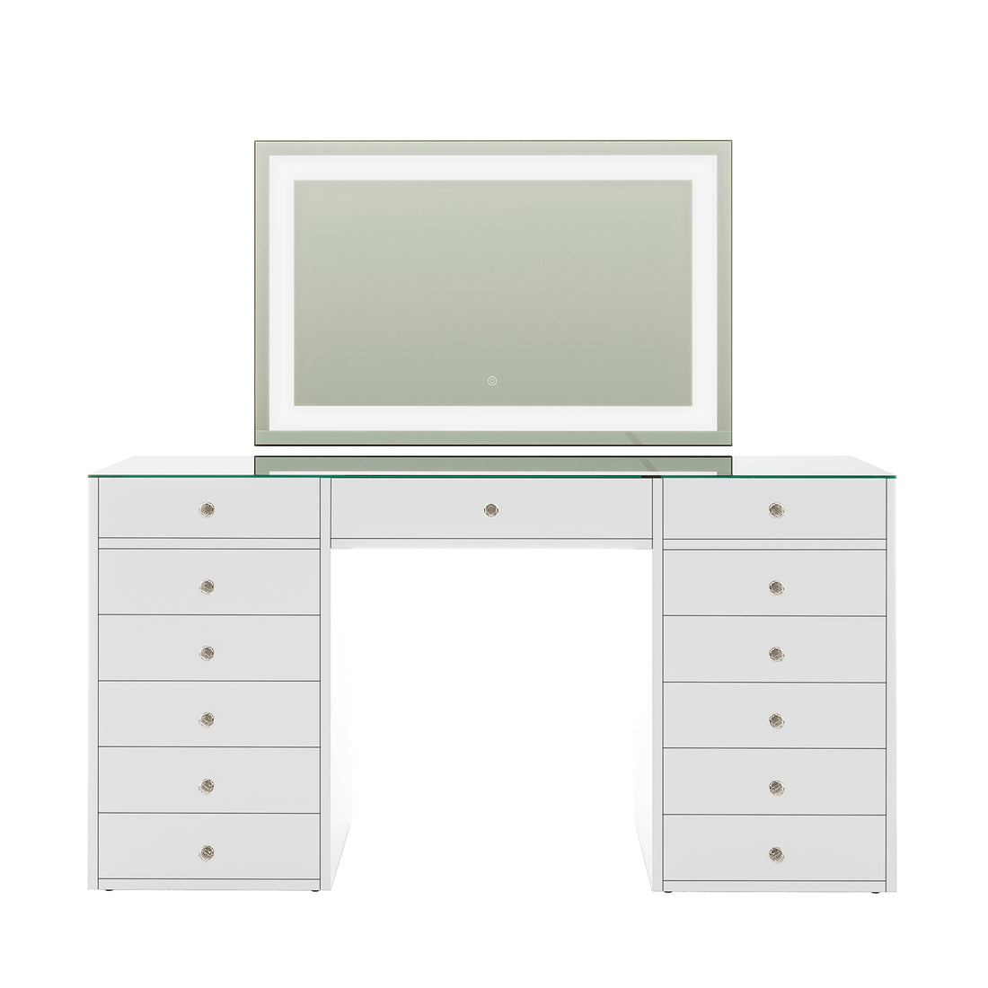 Adeline Makeup Vanity Table with LED Mirror in White features a glass top, lighted mirror, and 13 drawers, combining modern elegance and functionality for beauty enthusiasts.