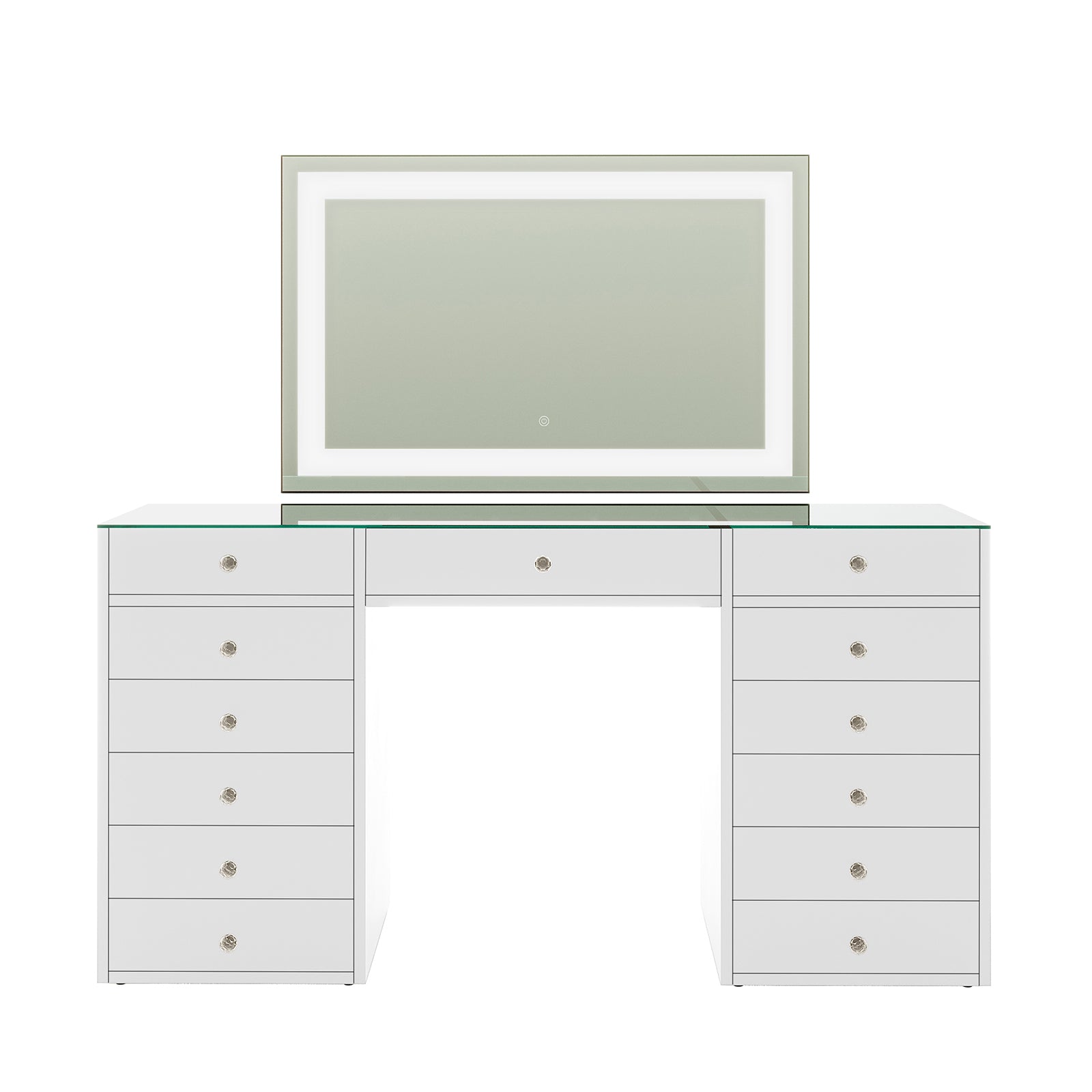 Adeline Makeup Vanity Table with LED Mirror in White features a glass top, lighted mirror, and 13 drawers, combining modern elegance and functionality for beauty enthusiasts.