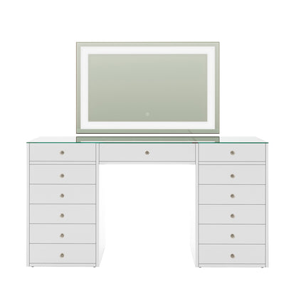 Adeline Makeup Vanity Table with LED Mirror in White features a glass top, lighted mirror, and 13 drawers, combining modern elegance and functionality for beauty enthusiasts.