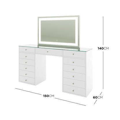 Adeline Makeup Vanity Table with LED Mirror in White features a full-width glass top, dual drawer pedestals, and a large integrated LED-lit mirror with touch-control for adjustable lighting modes.