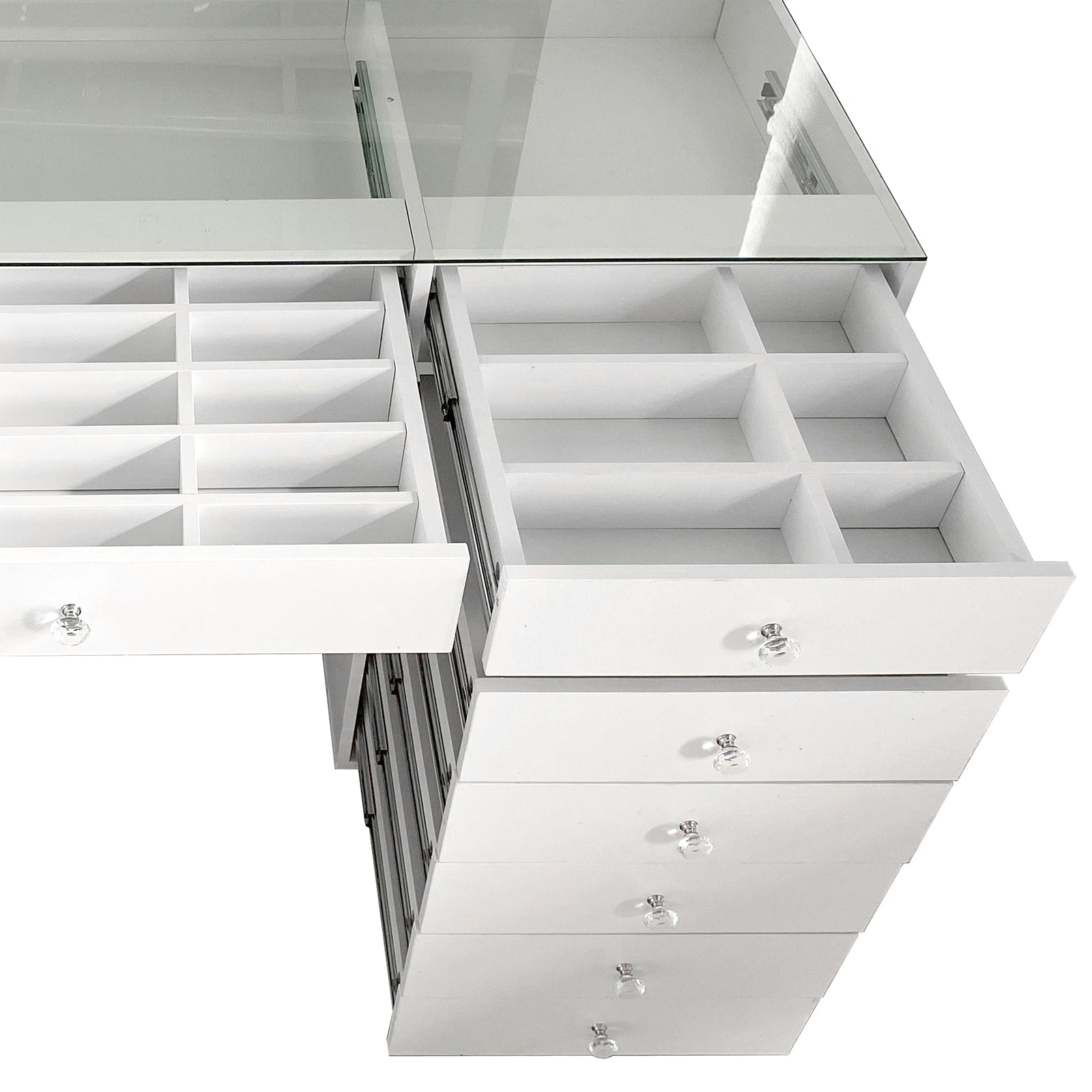 Adeline Makeup Vanity Table with LED Mirror in White, featuring a glass top and multi-drawer storage with visible built-in compartments, ideal for organizing beauty essentials efficiently.