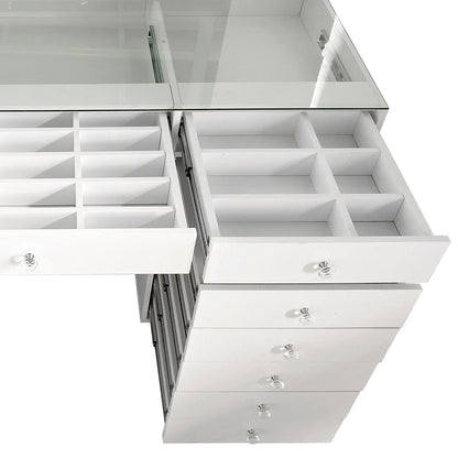 Adeline Makeup Vanity Table with LED Mirror in White, featuring a glass top and multi-drawer storage with visible built-in compartments, ideal for organizing beauty essentials efficiently.